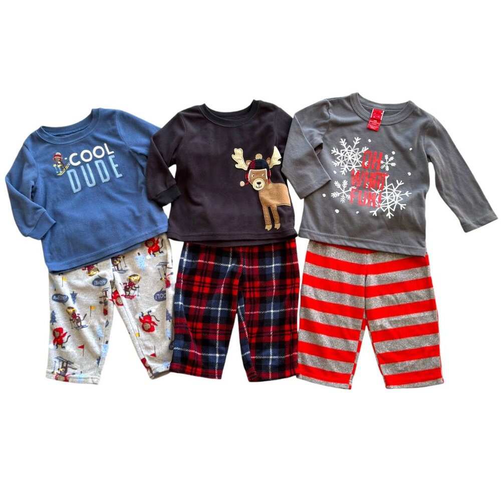 3 Pairs Baby Boy 2-Piece Holiday Fleece Pajama Sets 12M Moose Reindeer Snowflake